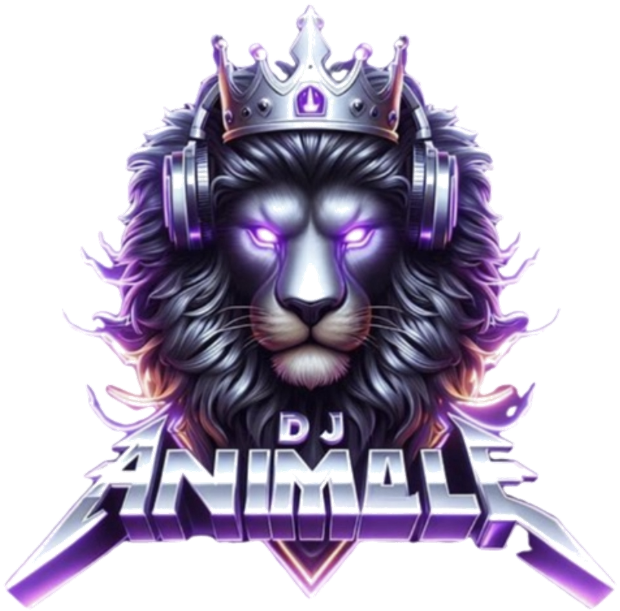DJ ANIMALE lion logo with crown and headphones.
